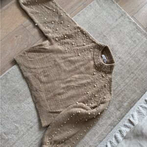 Pearl-Embellished Beige Knit Sweater